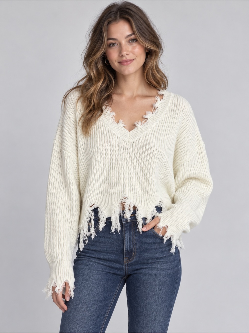 Distressed V-Neck Chunky Knit Sweater - Cream
